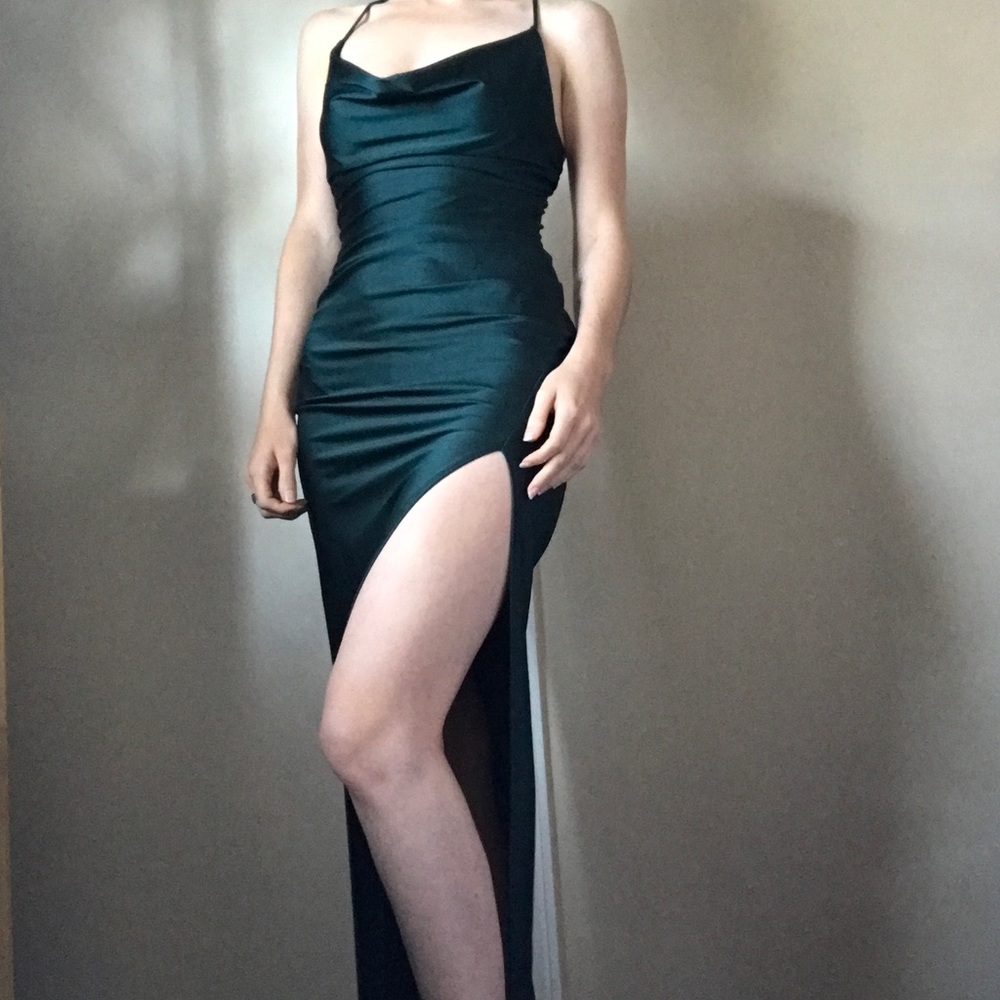 Dark green floor length dress with slit